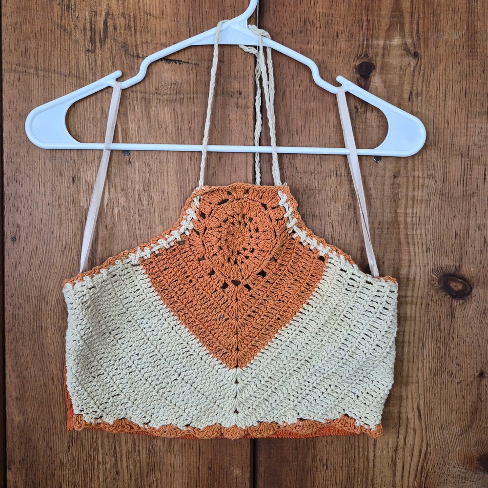 BOG Collective Crochet Halter Crop Top Orange Cream Boho Smocked Back Medium